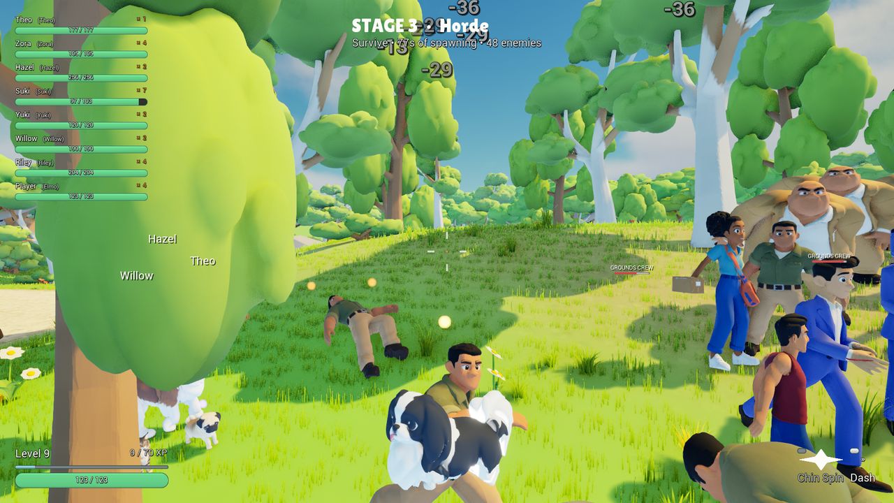 The pack fighting through a leafy park stage